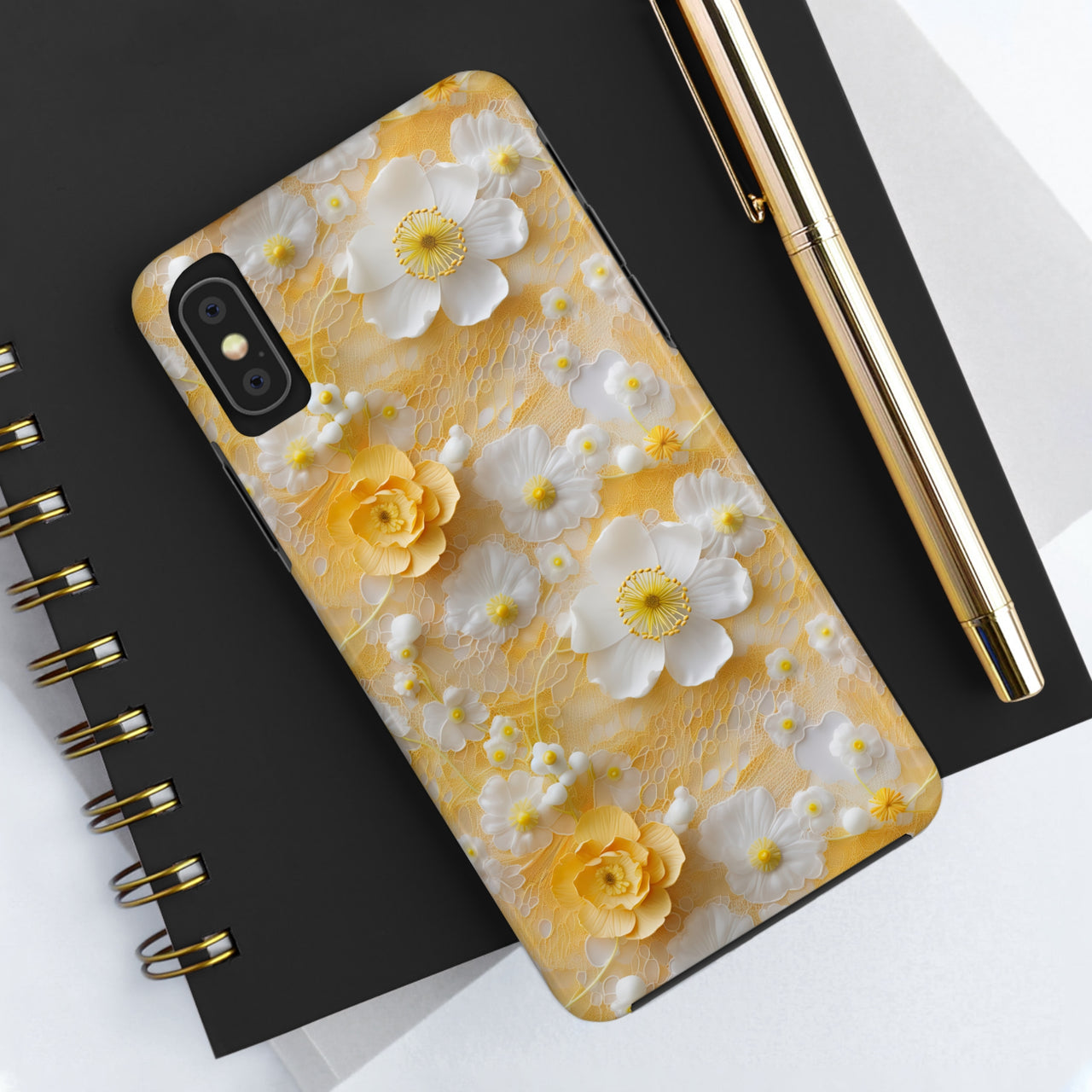 Yellow Floral Tough Phone Cases for iPhone X, iPhone XR, iPhone XS, and iPhone XS MAX. Supports Wireless Charging.