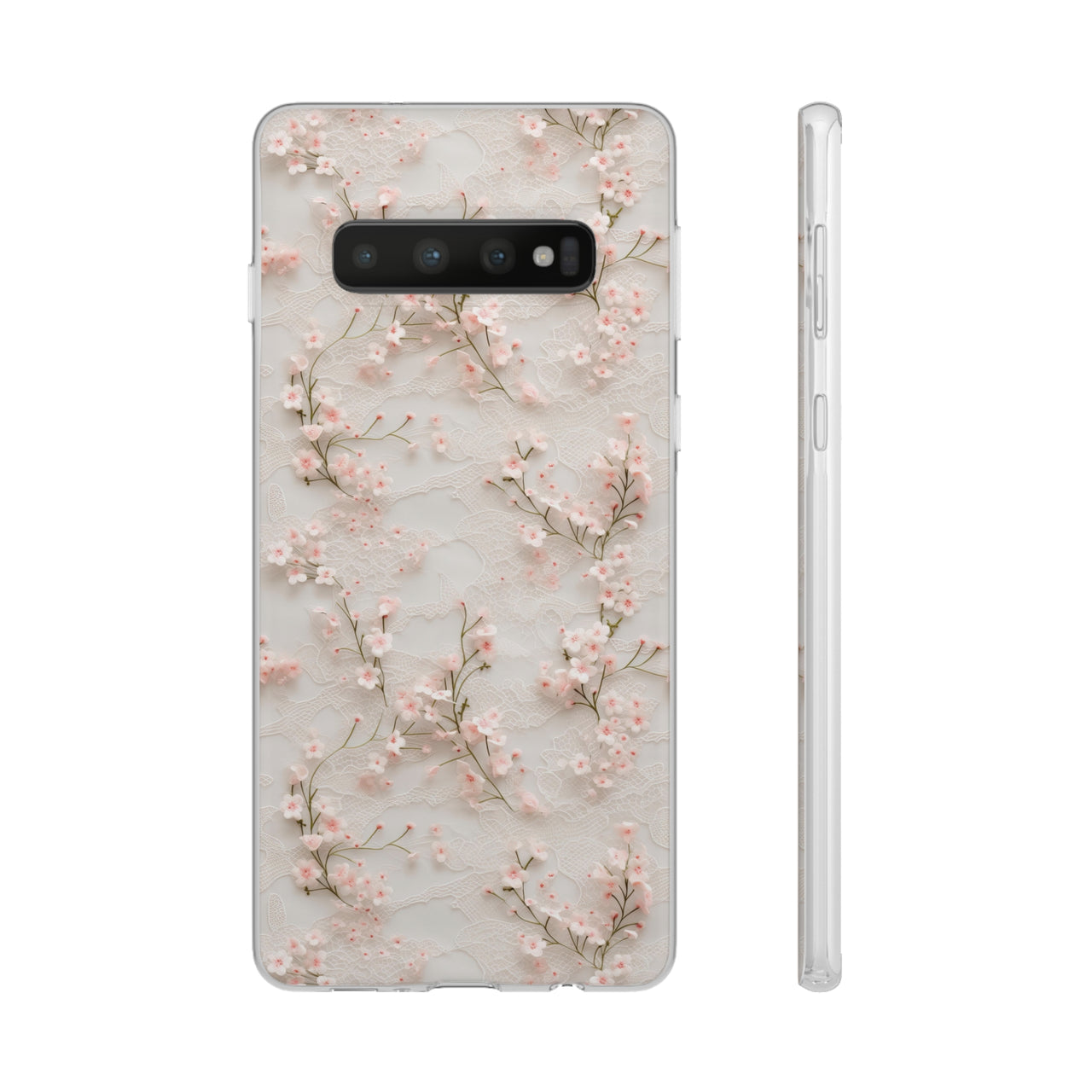 White Lace and Cherry Blossoms - Flexi Cases for Samsung Galaxy S10, Samsung Galaxy S10E, & Samsung Galaxy S10 Plus