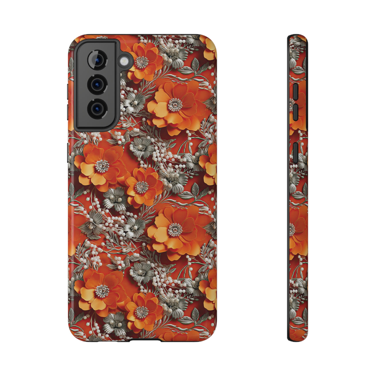 Orange Petals in Silver Tapestry Impact-Resistant Case for Samsung Galaxy S21, Samsung Galaxy S21 Plus, and Samsung Galaxy S21 Ultra. Supports Wireless Charging.