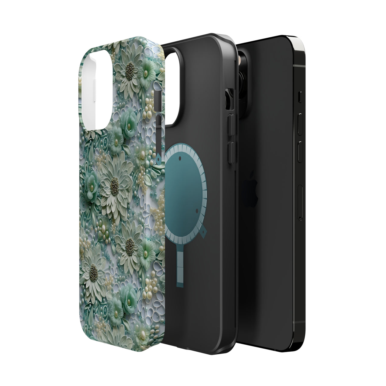 Teal Petals - MagSafe Tough Cases for iPhone 13, iPhone 13 Mini, iPhone 13 Pro, and iPhone 13 Pro Max.