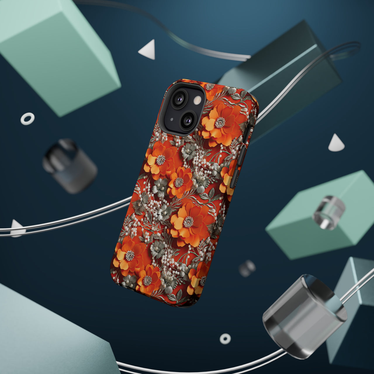 Orange Petals in Silver Tapestry MagSafe Tough Cases for iPhone 13, iPhone 13 Mini, iPhone 13 Pro, and iPhone 13 Pro Max.