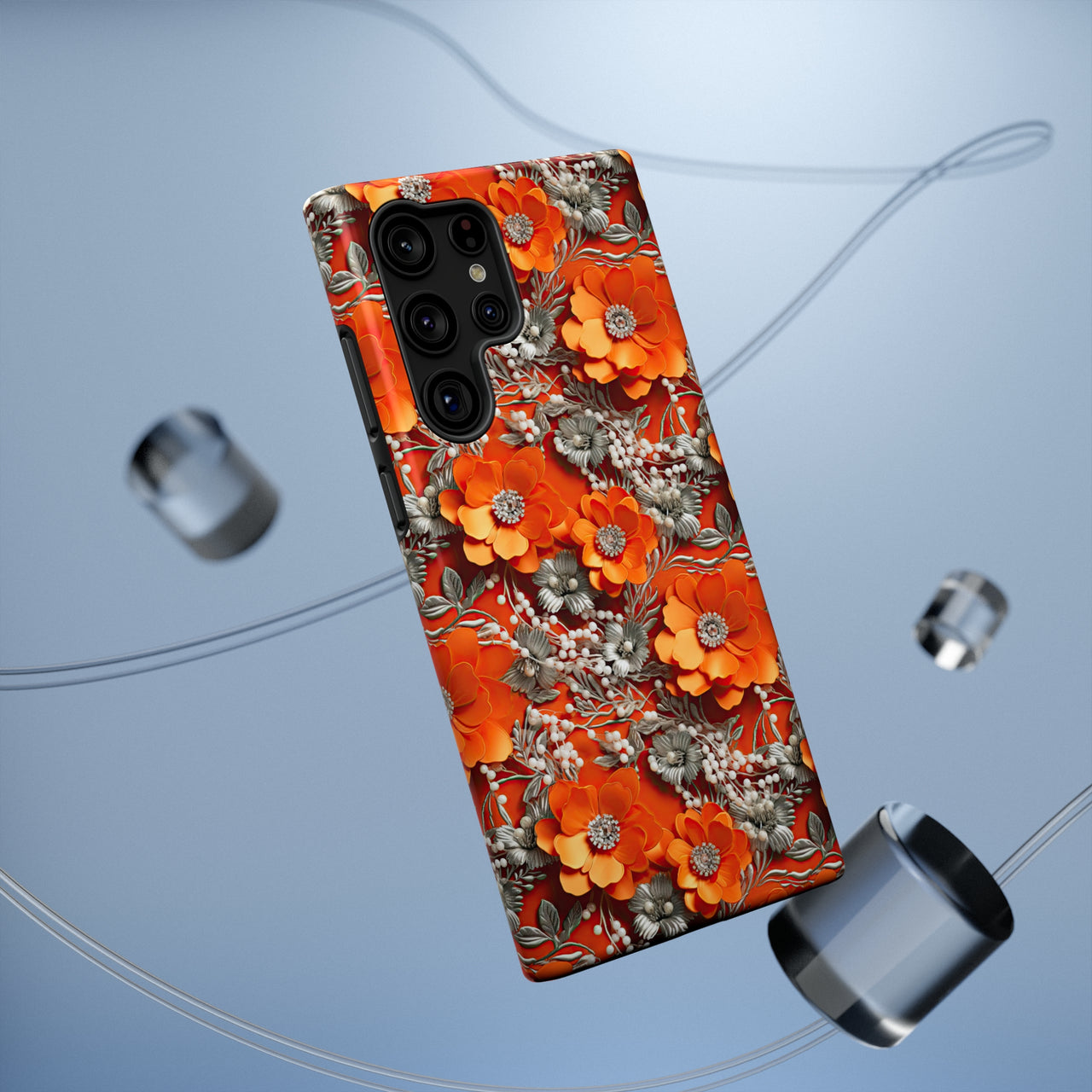 Orange Petals in Silver Tapestry Impact-Resistant Case for Samsung Galaxy S22, Samsung Galaxy S22 Plus, and Samsung Galaxy S22 Ultra. Supports Wireless Charging.