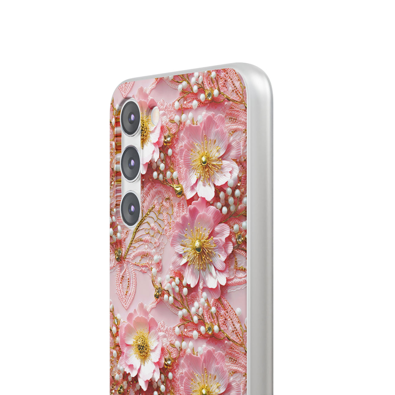 Gold-Kissed Flowers on Pink Lace - Flexi Cases for Samsung Galaxy S23, Samsung Galaxy S23 Plus, & Samsung Galaxy S23 Ultra