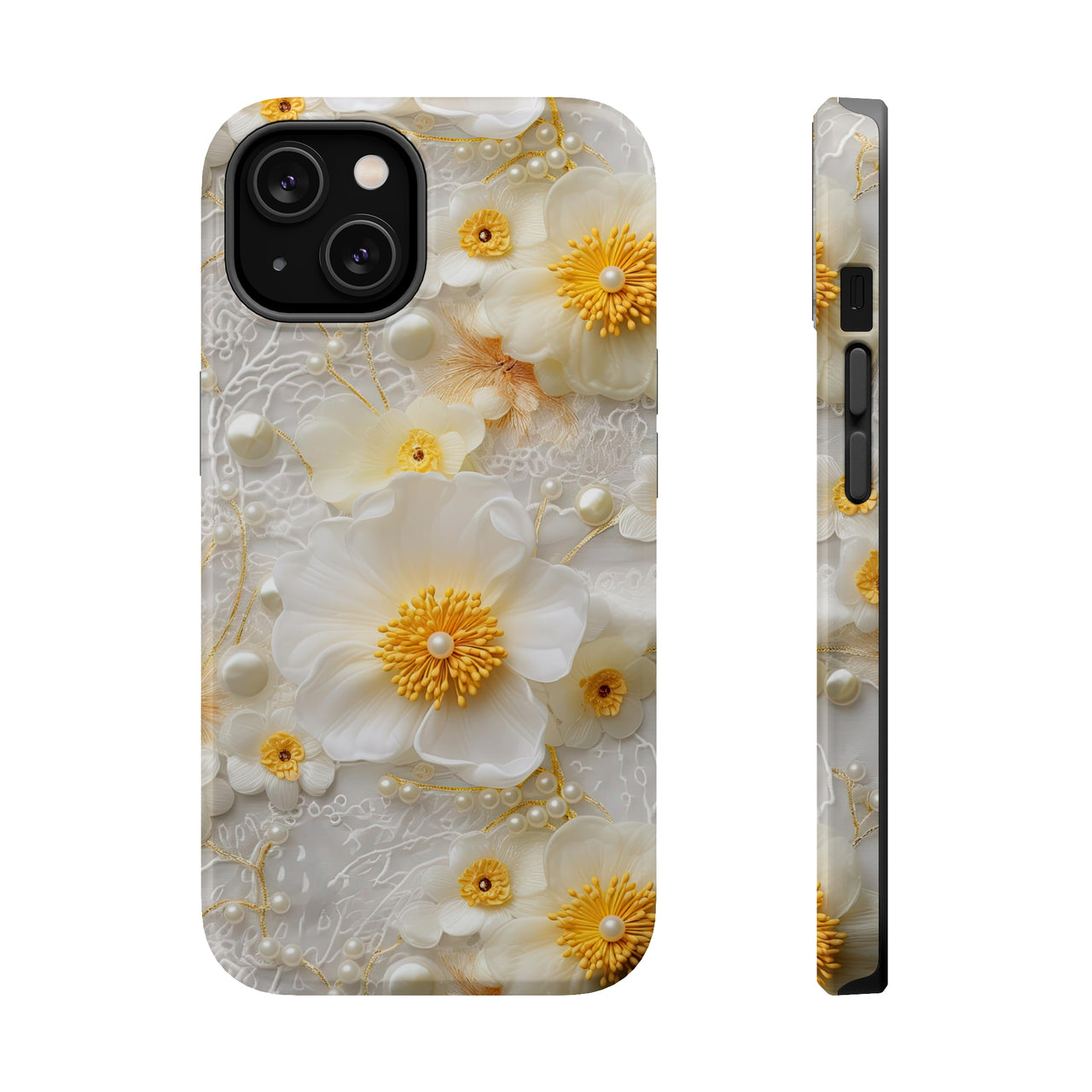 Yellow and White Floral MagSafe Tough Cases for iPhone 14, iPhone 14 Pro, iPhone 14 Plus, and iPhone 14 Pro Max