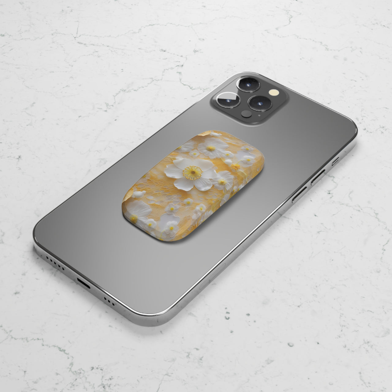 White Floral with Yellow Lace Phone Click-On Grip