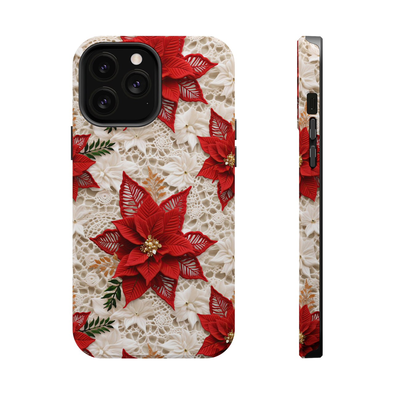 Christmas Poinsettia MagSafe Tough Cases for iPhone 13, iPhone 13 Mini, iPhone 13 Pro, and iPhone 13 Pro Max.