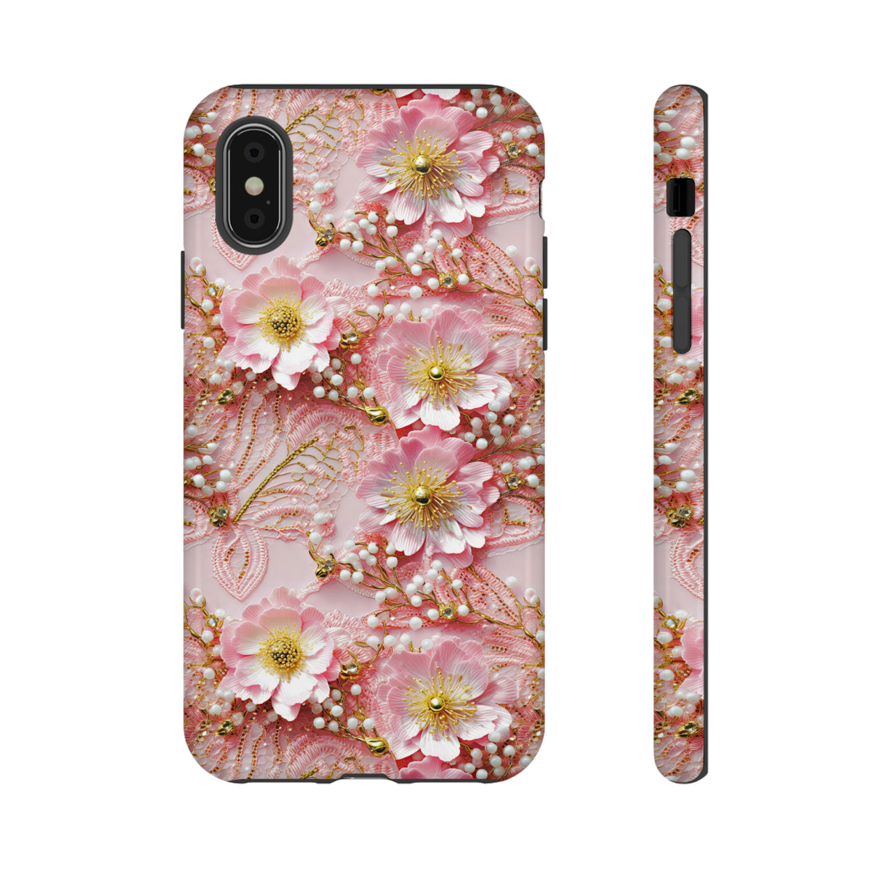 Gold-Kissed Flowers on Pink Lace - Tough Cases for iPhone X, iPhone XR, iPhone XS, and iPhone XS MAX