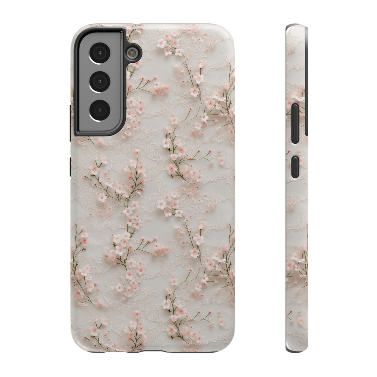 White Lace and Cherry Blossoms Impact-Resistant Cases for Samsung Galaxy S22, Samsung Galaxy S22 Plus, and Samsung Galaxy S22 Ultra. Supports Wireless Charging.