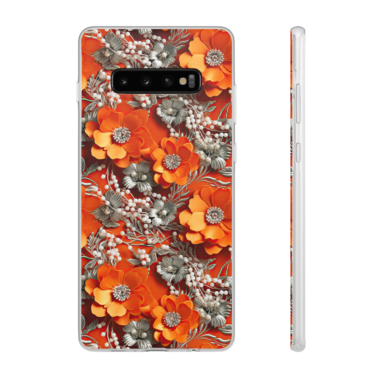 Orange Petals in Silver Tapestry - Flexi Cases for Samsung Galaxy S10, Samsung Galaxy S10E, & Samsung Galaxy S10 Plus