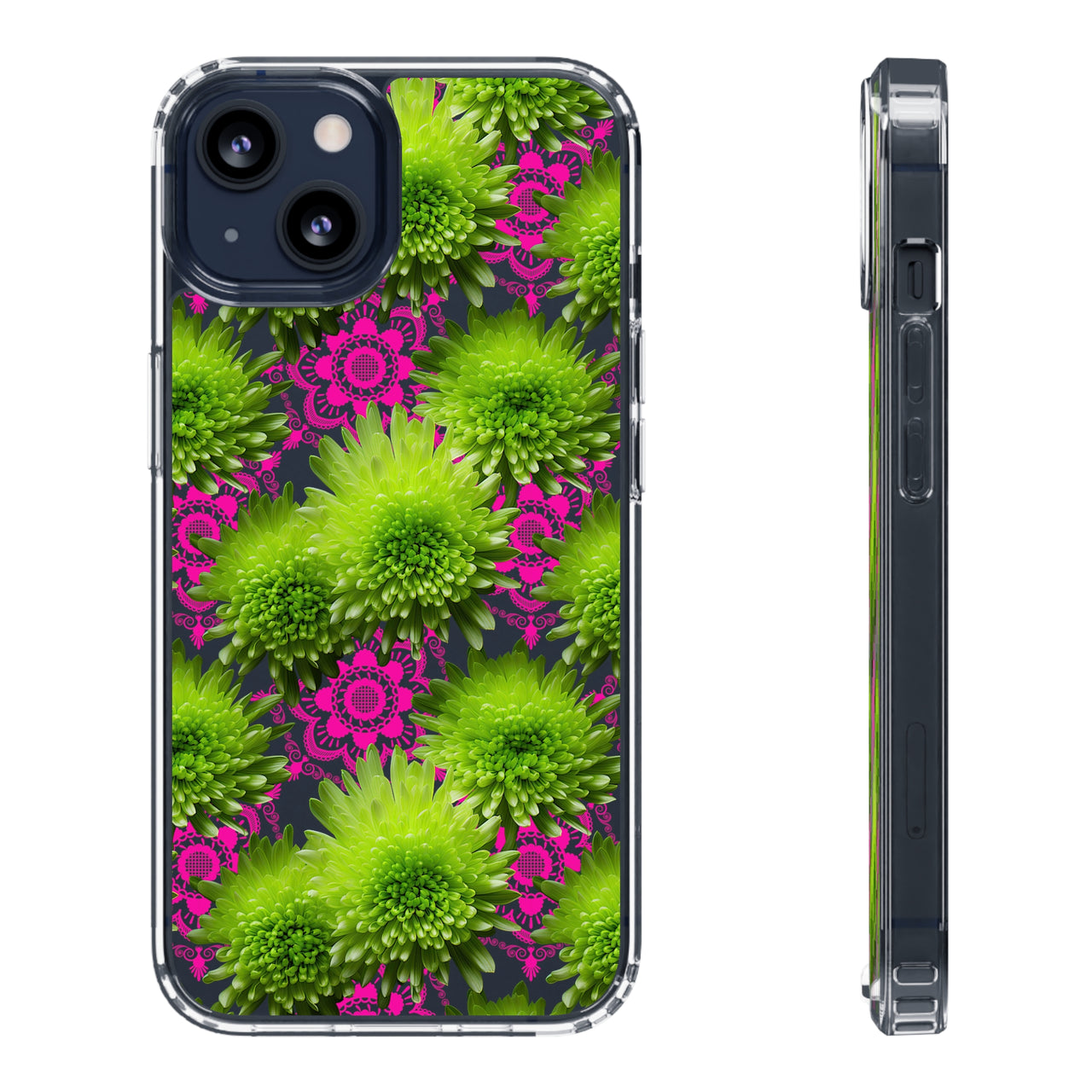 *Clear Case* Green Mums and Lace - iPhone 13, iPhone 13 Mini, iPhone 13 Pro, iPhone 13 Pro Max - Supports Wireless Charging