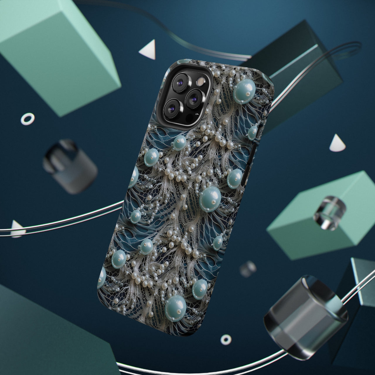 Sea Foam Lace and Pearls Impact-Resistant Case for iPhone 12, iPhone 12 Mini, iPhone 12 Pro, and iPhone 12 Pro Max. Supports Wireless Charging.