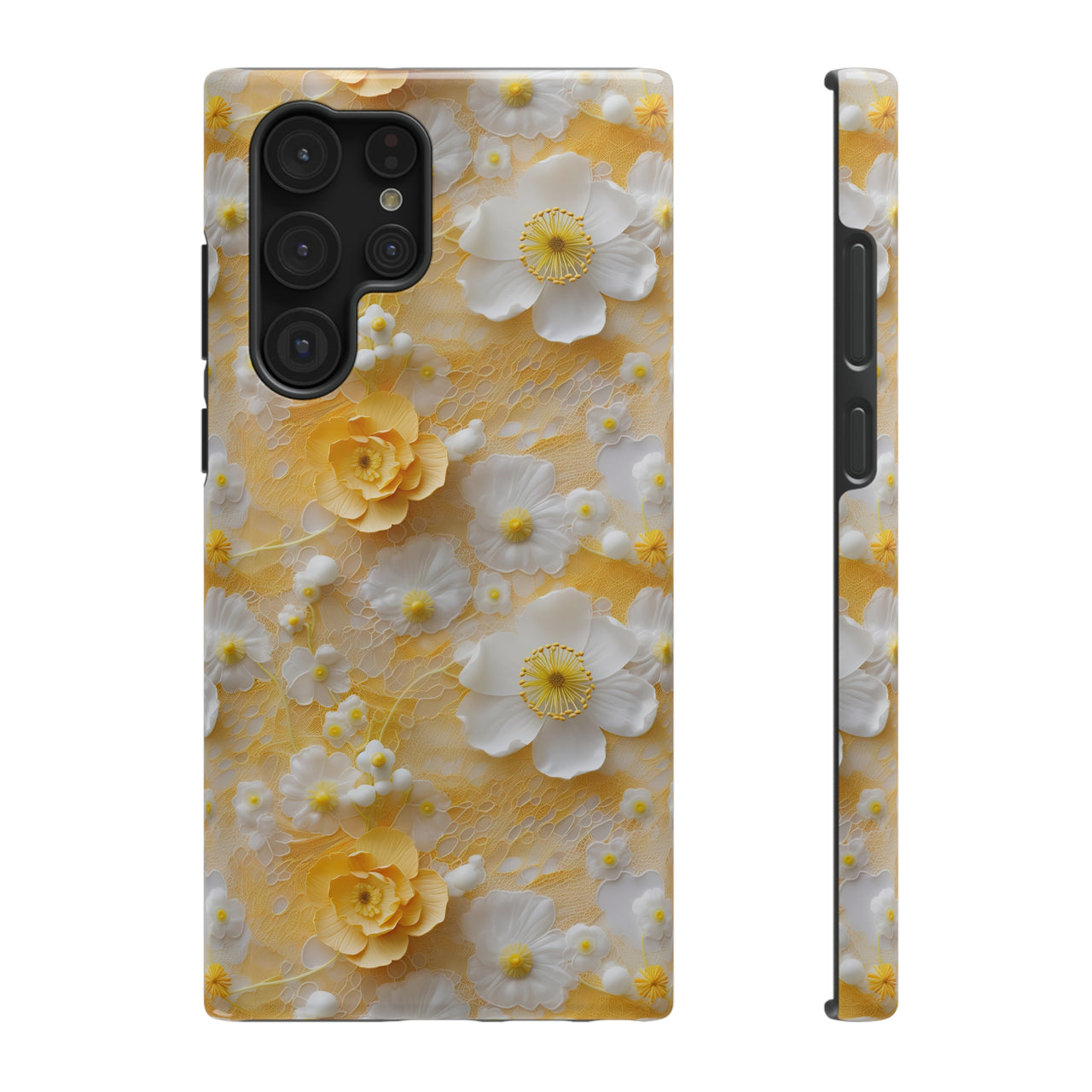 Yellow Floral Impact-Resistant Cases for Samsung Galaxy S22, Samsung Galaxy S22 Plus, and Samsung Galaxy S22 Ultra. Supports Wireless Charging.