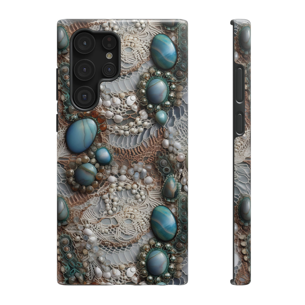 Boho Agate and Lace Impact-Resistant Cases for Samsung Galaxy S22, Samsung Galaxy S22 Plus, and Samsung Galaxy S22 Ultra. Supports Wireless Charging.