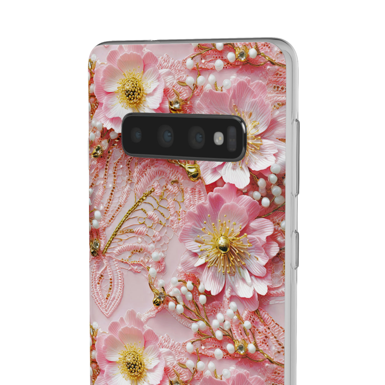 Gold-Kissed Flowers on Pink Lace - Flexi Cases for Samsung Galaxy S10, Samsung Galaxy S10E, & Samsung Galaxy S10 Plus