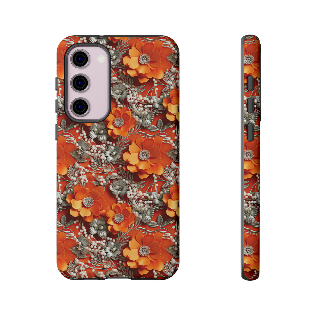 Orange Petals in Silver Tapestry Tough Case for Samsung Galaxy S23, Samsung Galaxy S23 Plus, and Samsung Galaxy S23 Ultra