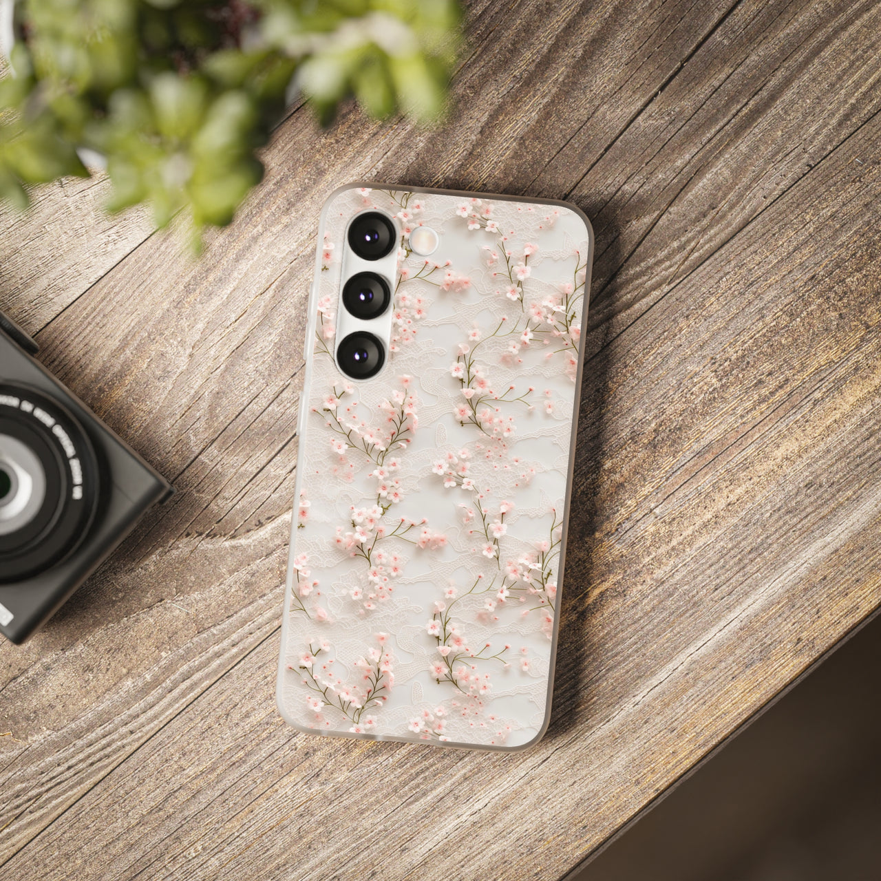 White Lace and Cherry Blossoms - Flexi Cases for Samsung Galaxy S23, Samsung Galaxy S23 Plus, and Samsung Galaxy S23 Ultra