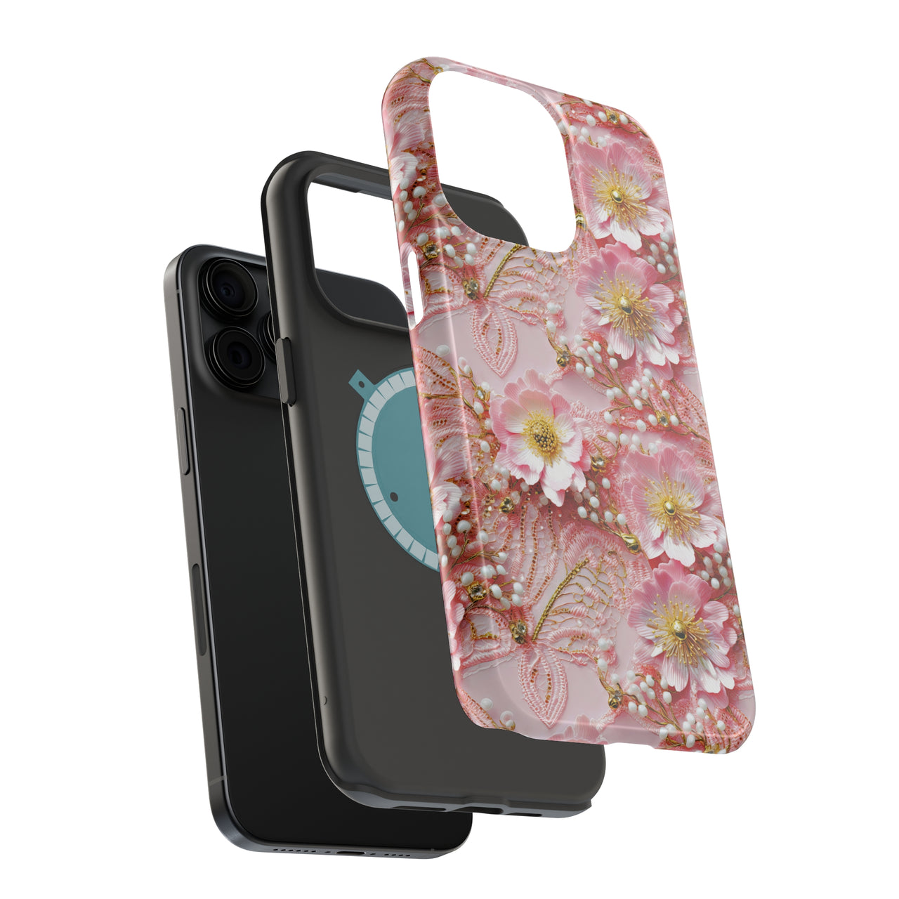 Gold-Kissed Flowers on Pink Lace - MagSafe Tough Case for iPhone 15, iPhone 15 Pro, iPhone 15 Plus, & iPhone 15 Pro Max