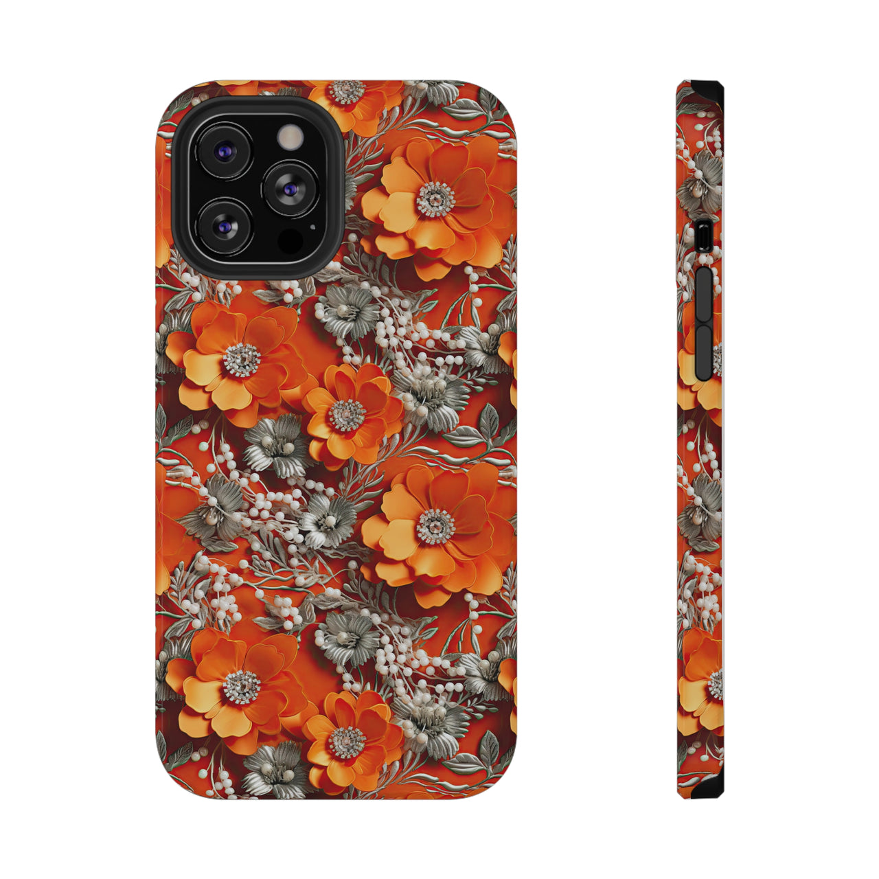 Orange Petals in Silver Tapestry Impact-Resistant Case for iPhone 12, iPhone 12 Mini, iPhone 12 Pro, and iPhone 12 Pro Max. Supports Wireless Charging.