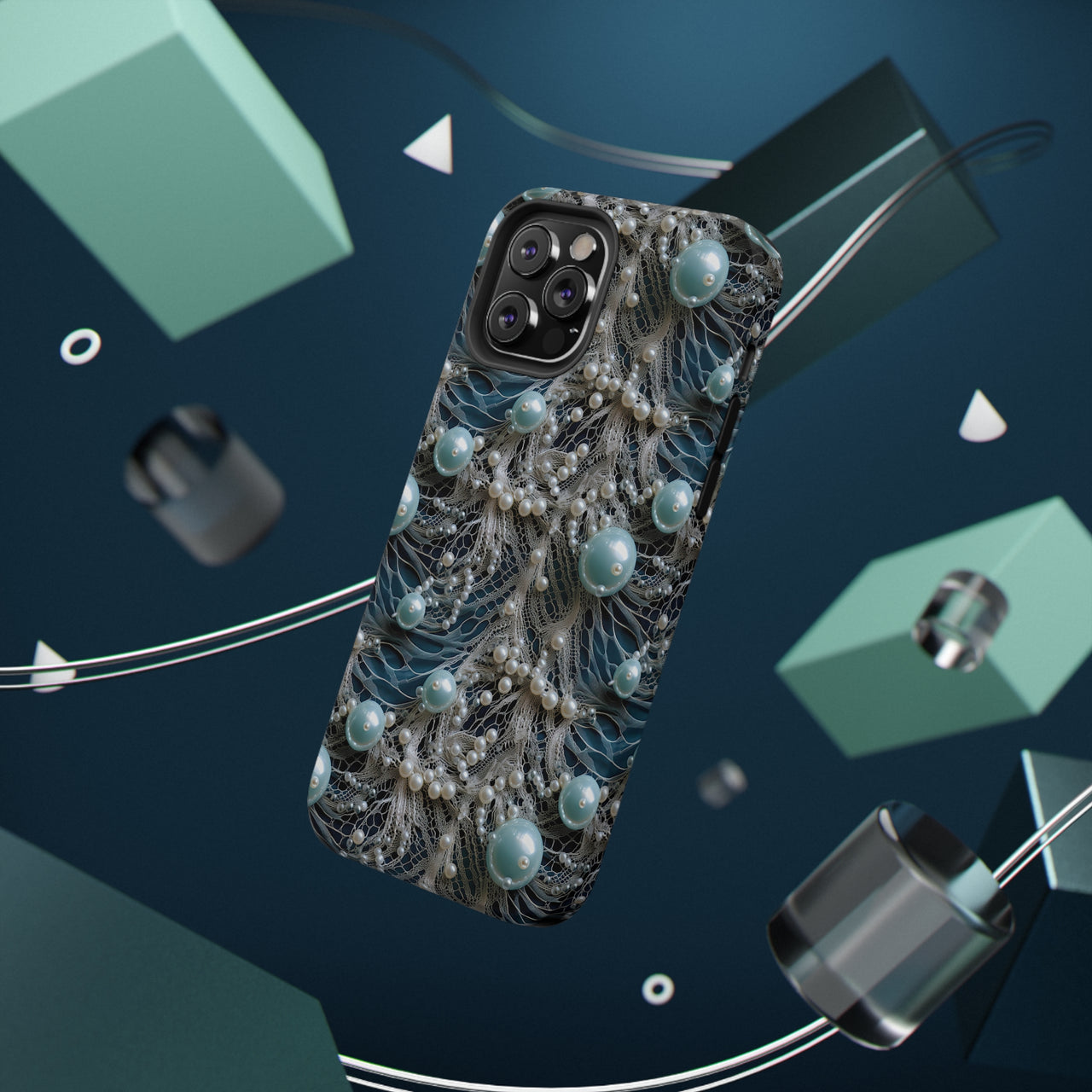 Sea Foam Lace and Pearls Impact-Resistant Case for iPhone 12, iPhone 12 Mini, iPhone 12 Pro, and iPhone 12 Pro Max. Supports Wireless Charging.