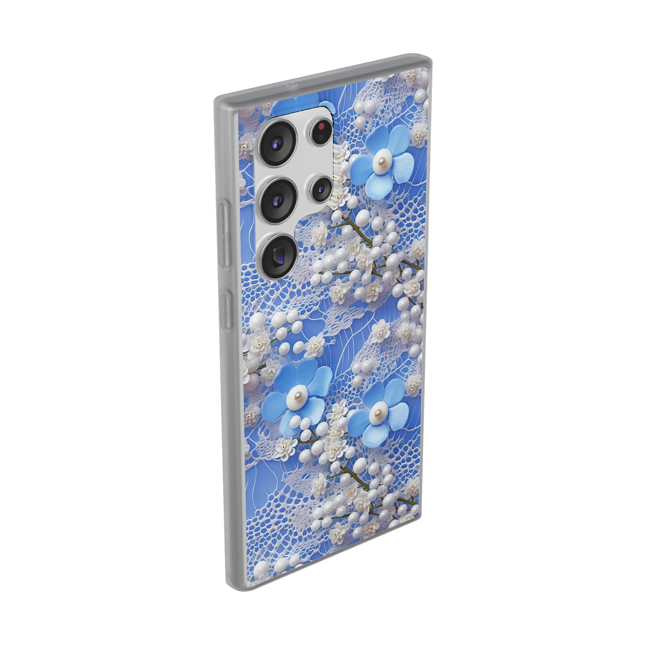 Pearls and Lace on Baby Blue - Flexi Cases for Samsung Galaxy S23, Samsung Galaxy S23 Plus, and Samsung Galaxy S23 Ultra