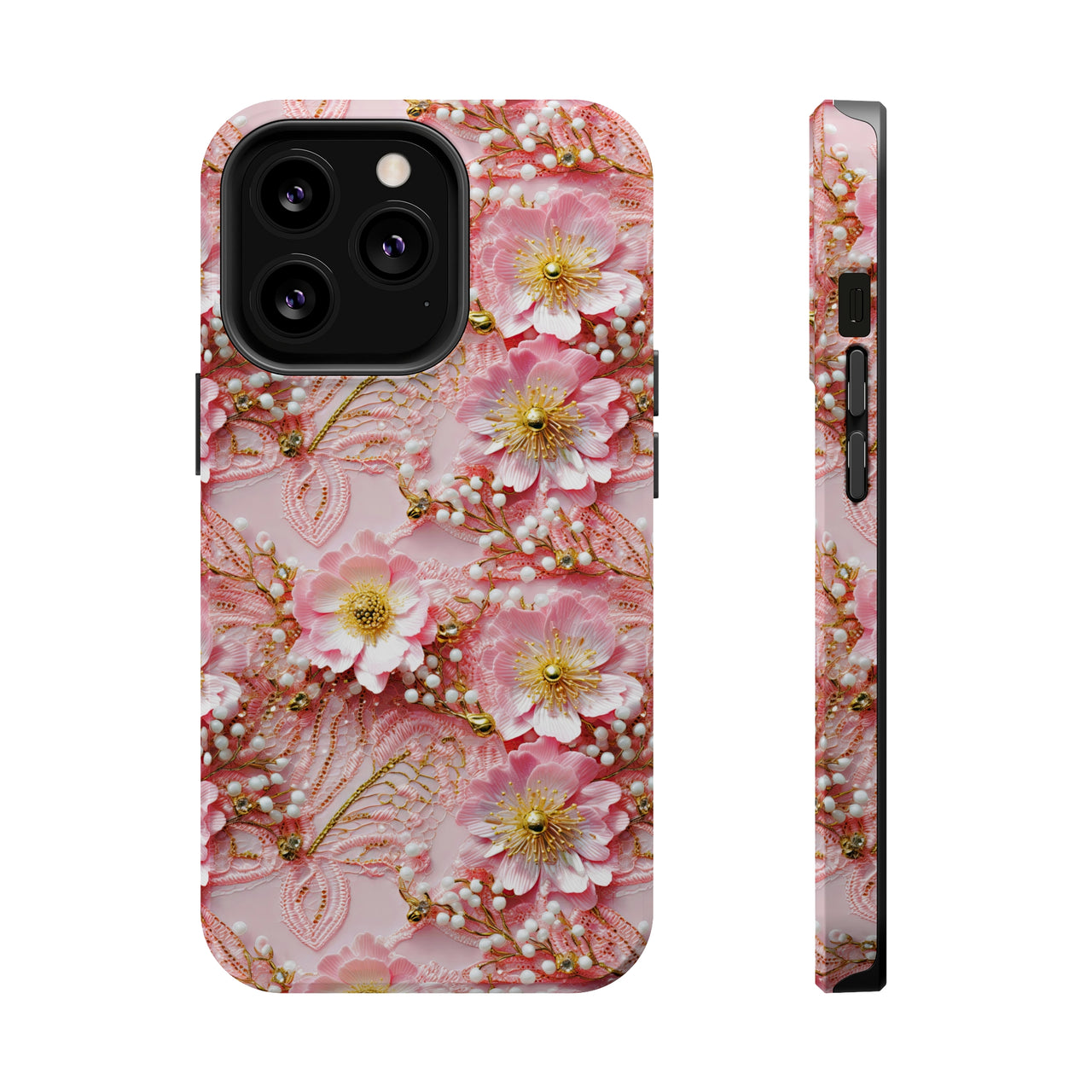 Gold-Kissed Flowers on Pink Lace - MagSafe Tough Cases for iPhone 13, iPhone 13 Mini, iPhone 13 Pro, and iPhone 13 Pro Max.