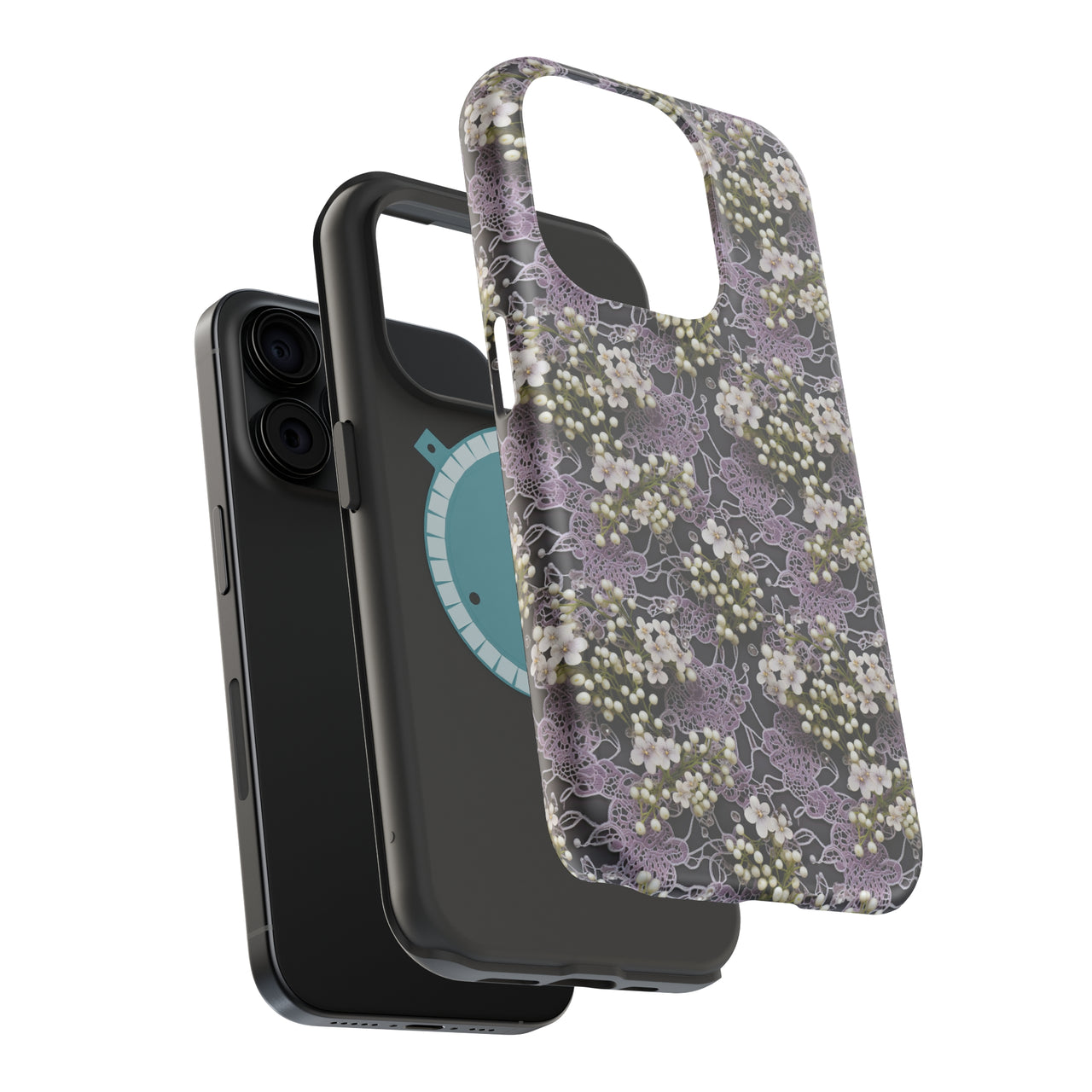 White Flowers on a Purple Bed - MagSafe Tough Case for iPhone 15, iPhone 15 Pro, iPhone 15 Plus, & iPhone 15 Pro Max