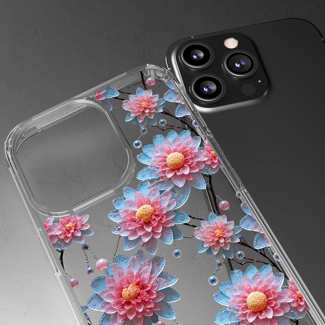 *Clear Case* Pink and Blue Glass Flowers - iPhone 13, iPhone 13 Mini, iPhone 13 Pro, iPhone 13 Pro Max - Supports Wireless Charging