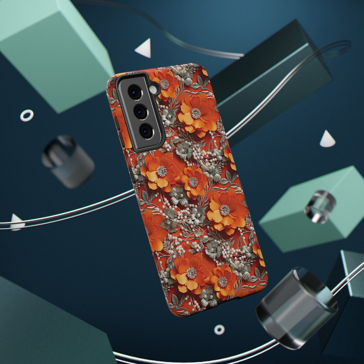 Orange Petals in Silver Tapestry Impact-Resistant Case for Samsung Galaxy S21, Samsung Galaxy S21 Plus, and Samsung Galaxy S21 Ultra. Supports Wireless Charging.