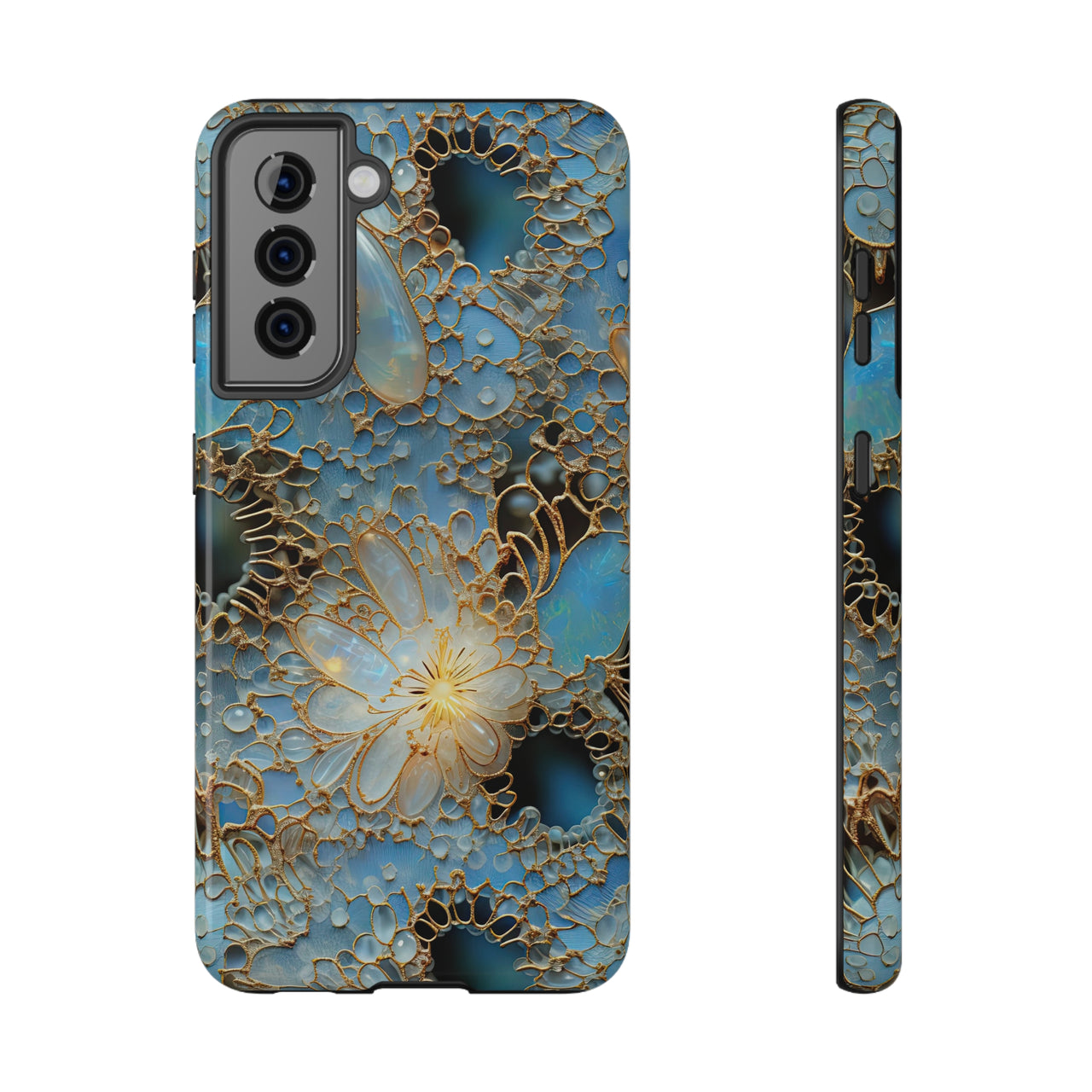 Gemstones and Gold Lace Impact-Resistant Cases for Samsung Galaxy S21, Samsung Galaxy S21 Plus, and Samsung Galaxy S21 Ultra. Supports Wireless Charging.