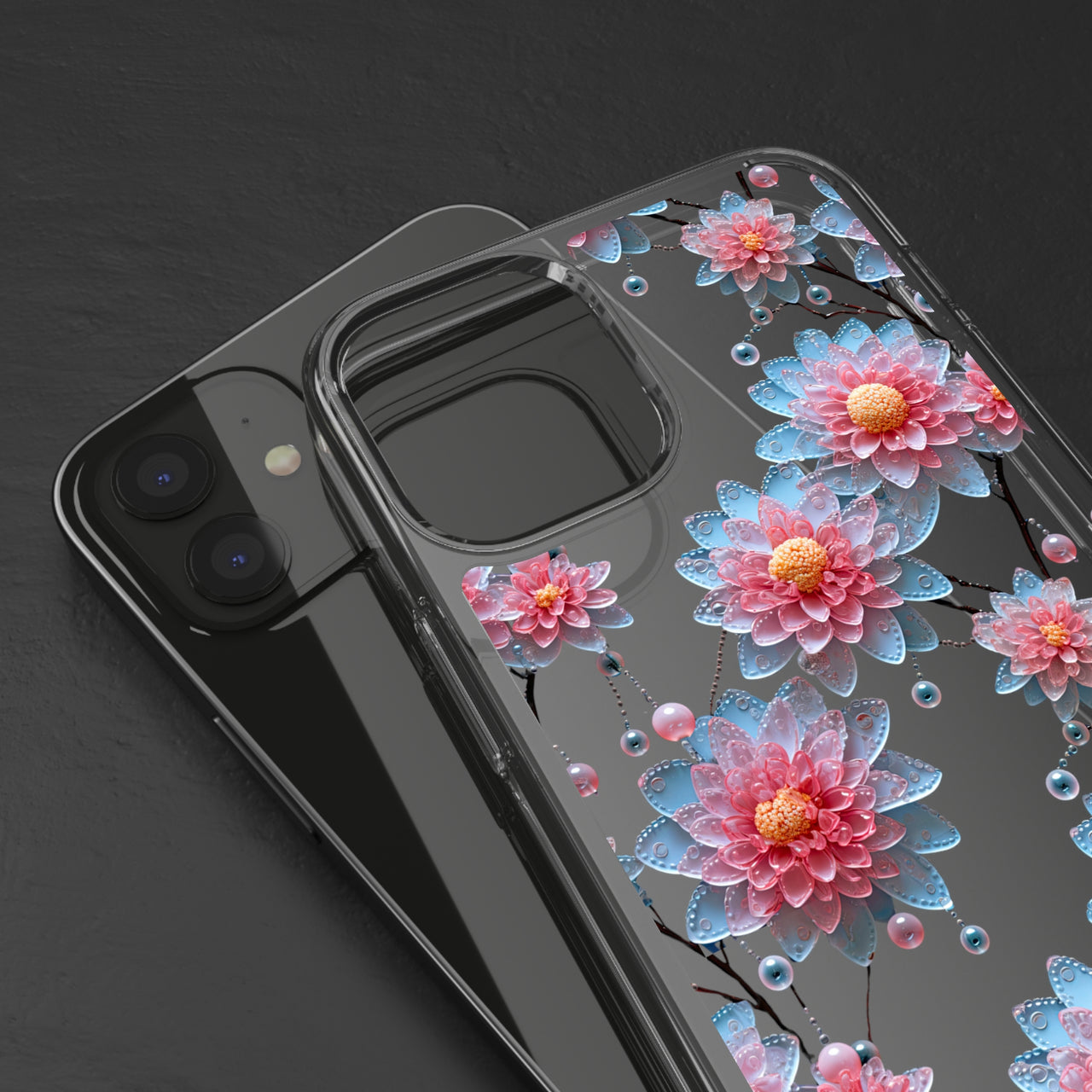 *Clear Case* Pink and Blue Glass Flowers - iPhone 12, iPhone 12 Mini, iPhone 12 Pro, iPhone 12 Pro Max - Supports Wireless Charging