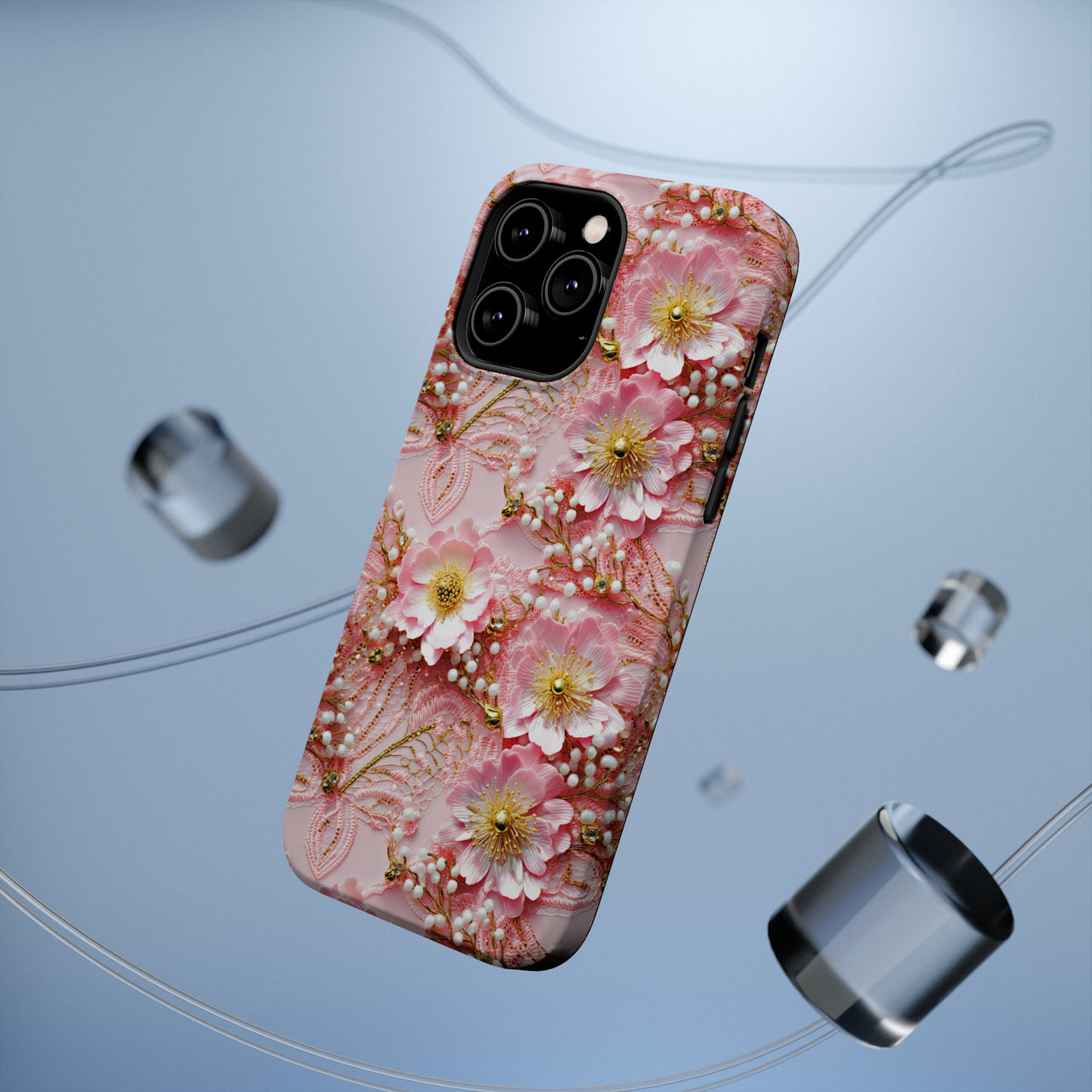 Gold-Kissed Flowers on Pink Lace - MagSafe Tough Case for iPhone 14, iPhone 14 Pro, iPhone 14 Plus, and iPhone 14 Pro Max