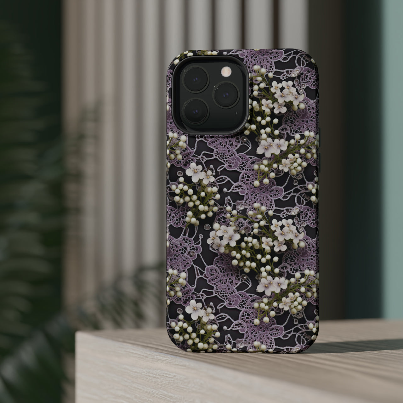 White Flowers on a Purple Bed - MagSafe Tough Cases for iPhone 13, iPhone 13 Mini, iPhone 13 Pro, and iPhone 13 Pro Max.