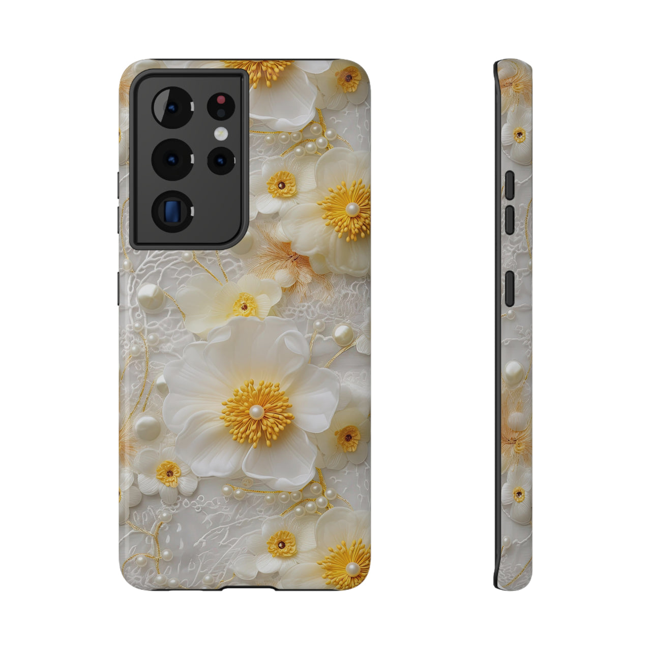 White and Yellow Floral Impact-Resistant Cases for Samsung Galaxy S21, Samsung Galaxy S21 Plus, and Samsung Galaxy S21 Ultra. Supports Wireless Charging.