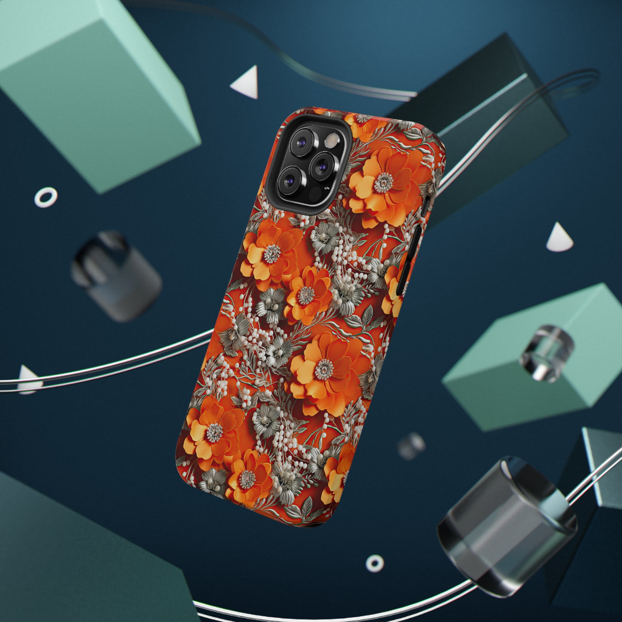 Orange Petals in Silver Tapestry Impact-Resistant Case for iPhone 12, iPhone 12 Mini, iPhone 12 Pro, and iPhone 12 Pro Max. Supports Wireless Charging.