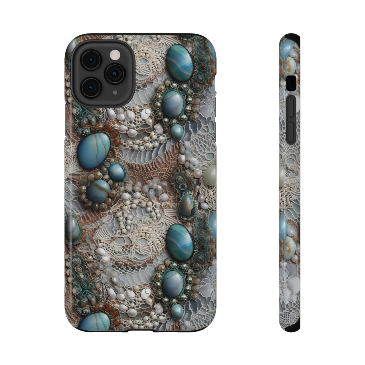 Boho Agate and Lace Impact-Resistant Cases for iPhone 11, iPhone 11 Pro, and iPhone 11 Pro Max. Supports Wireless Charging.