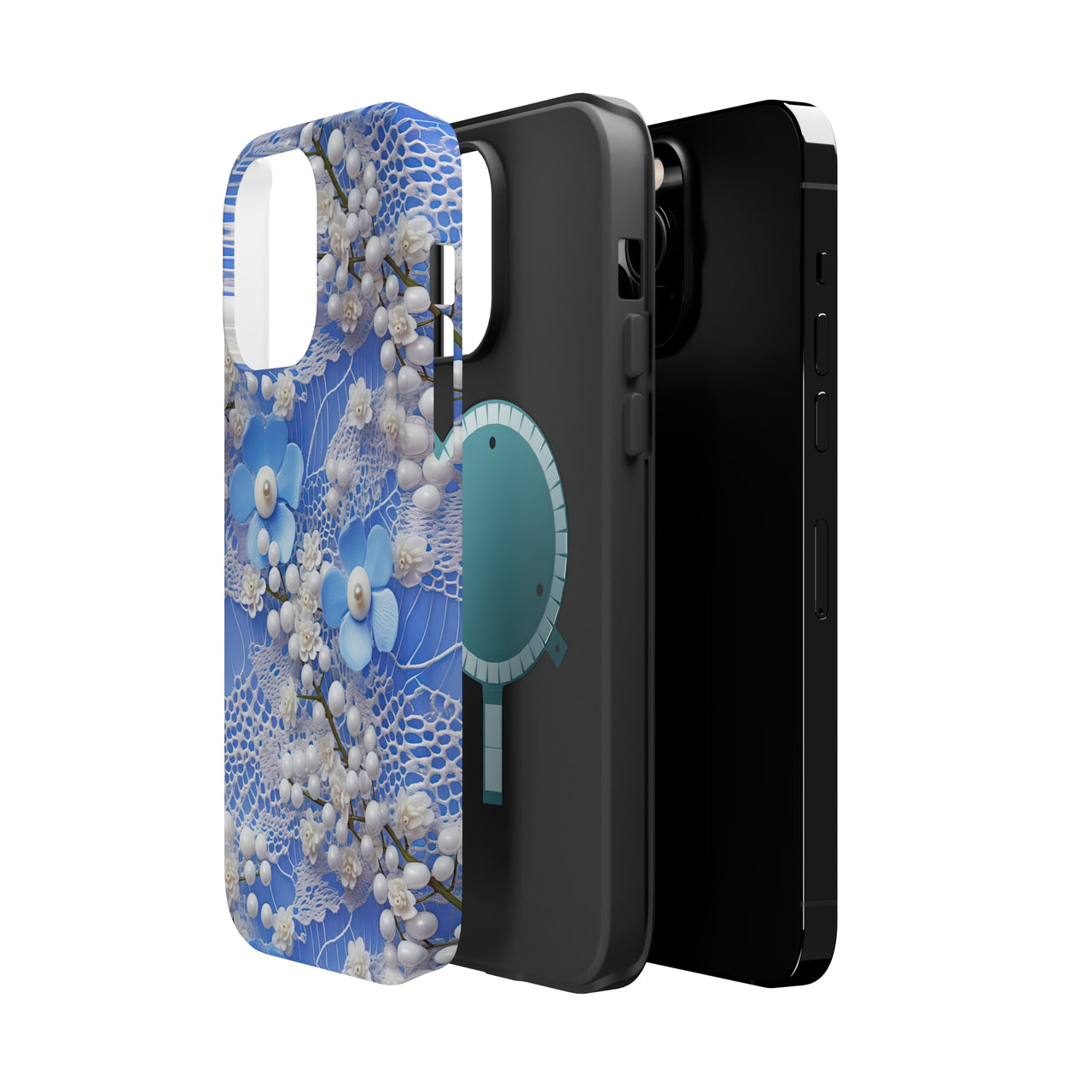 Pearls and Lace on Baby Blue - MagSafe Tough Cases for iPhone 14, iPhone 14 Pro, iPhone 14 Plus, and iPhone 14 Pro Max