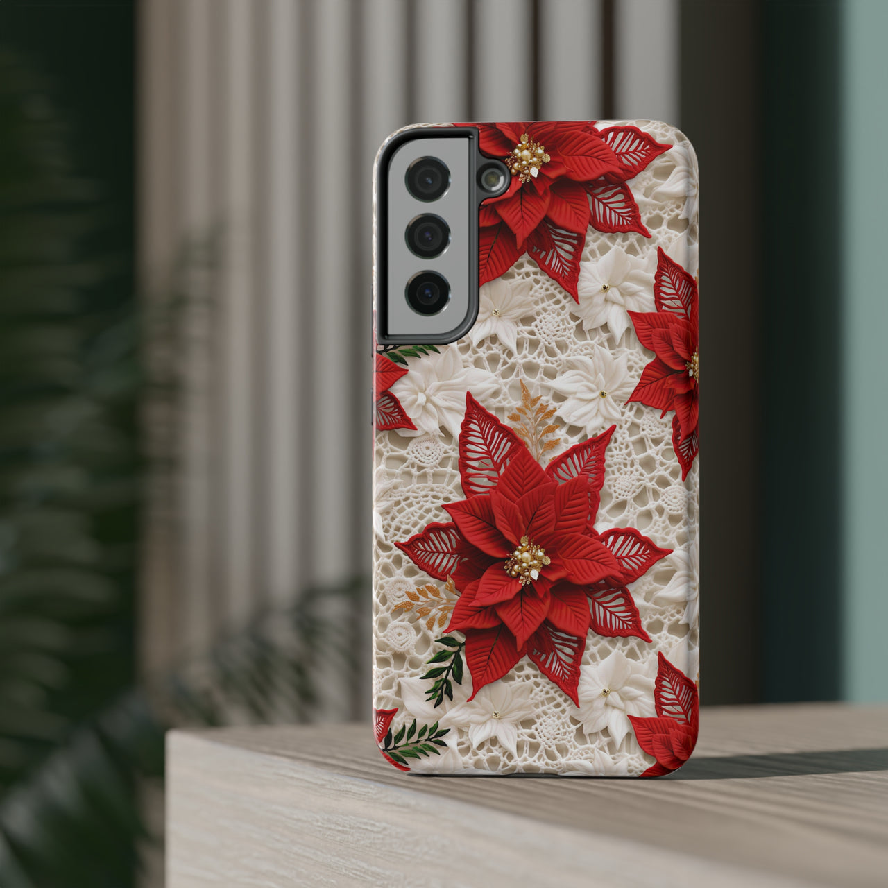 Christmas Poinsettia Impact-Resistant Cases for Samsung Galaxy S22, Samsung Galaxy S22 Plus, and Samsung Galaxy S22 Ultra. Supports Wireless Charging.