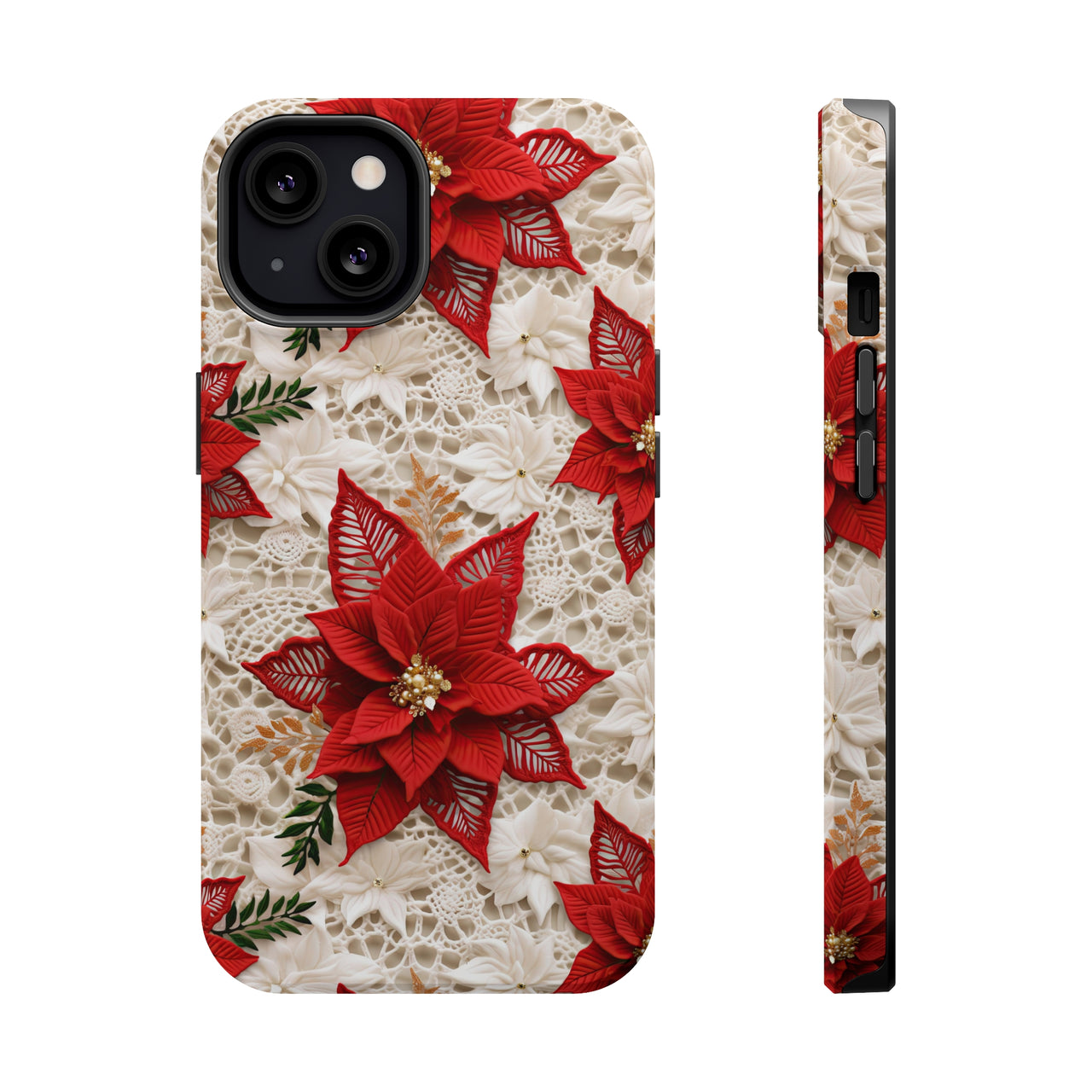 Christmas Poinsettia MagSafe Tough Cases for iPhone 13, iPhone 13 Mini, iPhone 13 Pro, and iPhone 13 Pro Max.