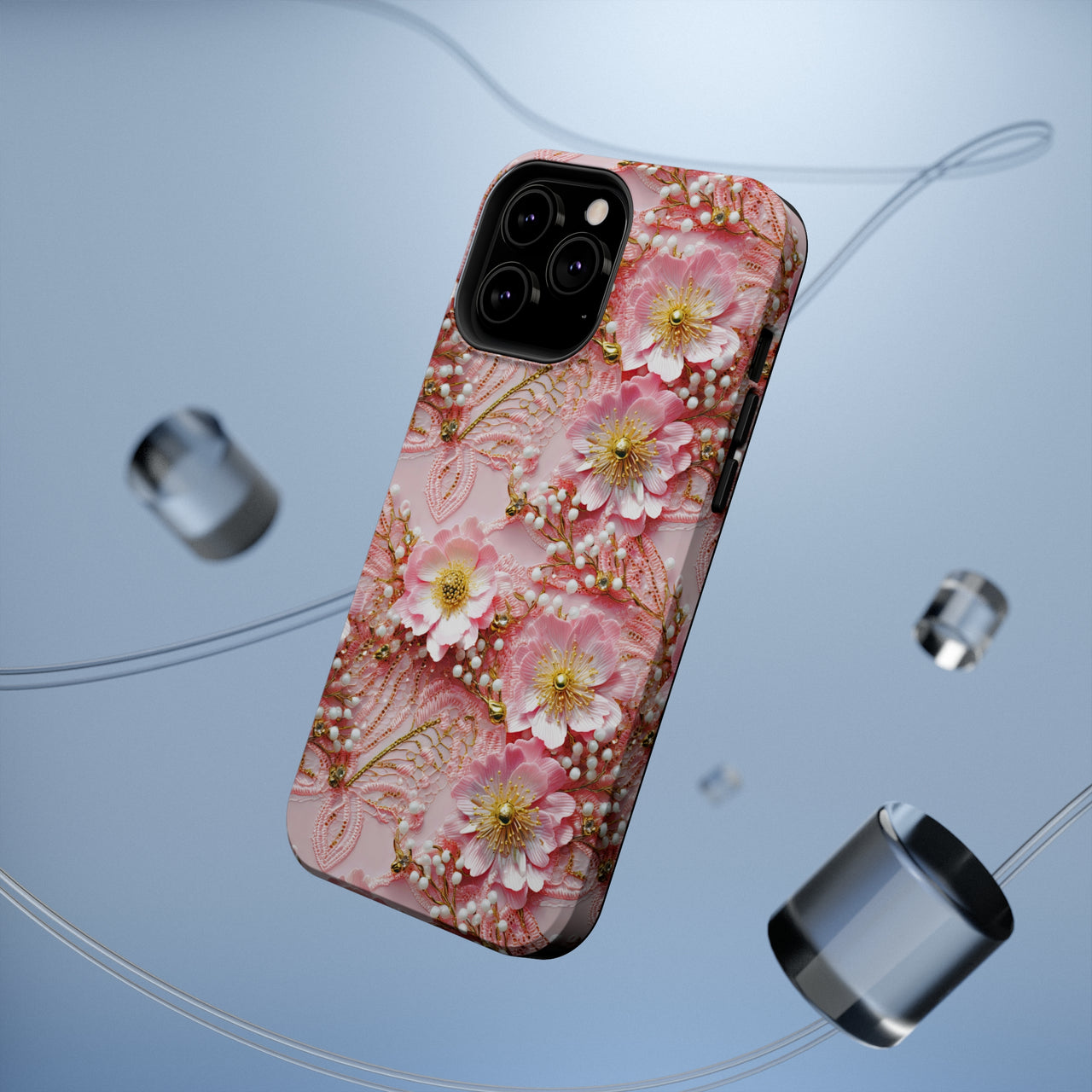 Gold-Kissed Flowers on Pink Lace - MagSafe Tough Cases for iPhone 13, iPhone 13 Mini, iPhone 13 Pro, and iPhone 13 Pro Max.