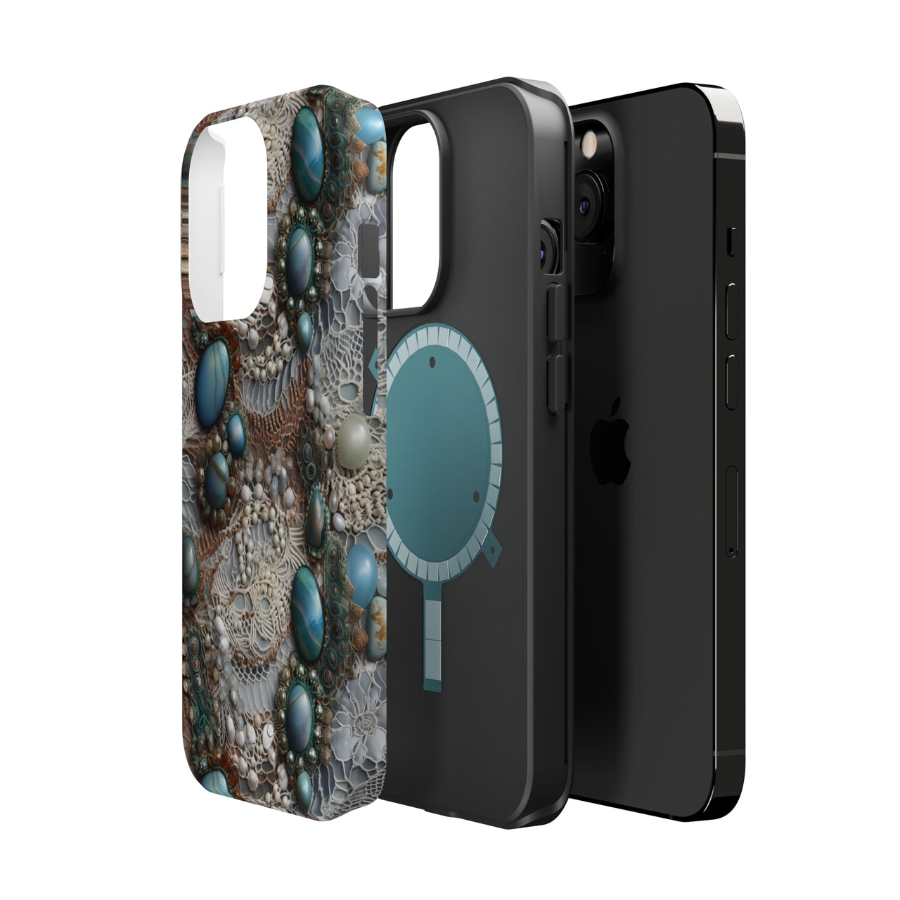 Boho Agate and Lace MagSafe Tough Cases for iPhone 13, iPhone 13 Mini, iPhone 13 Pro, and iPhone 13 Pro Max.