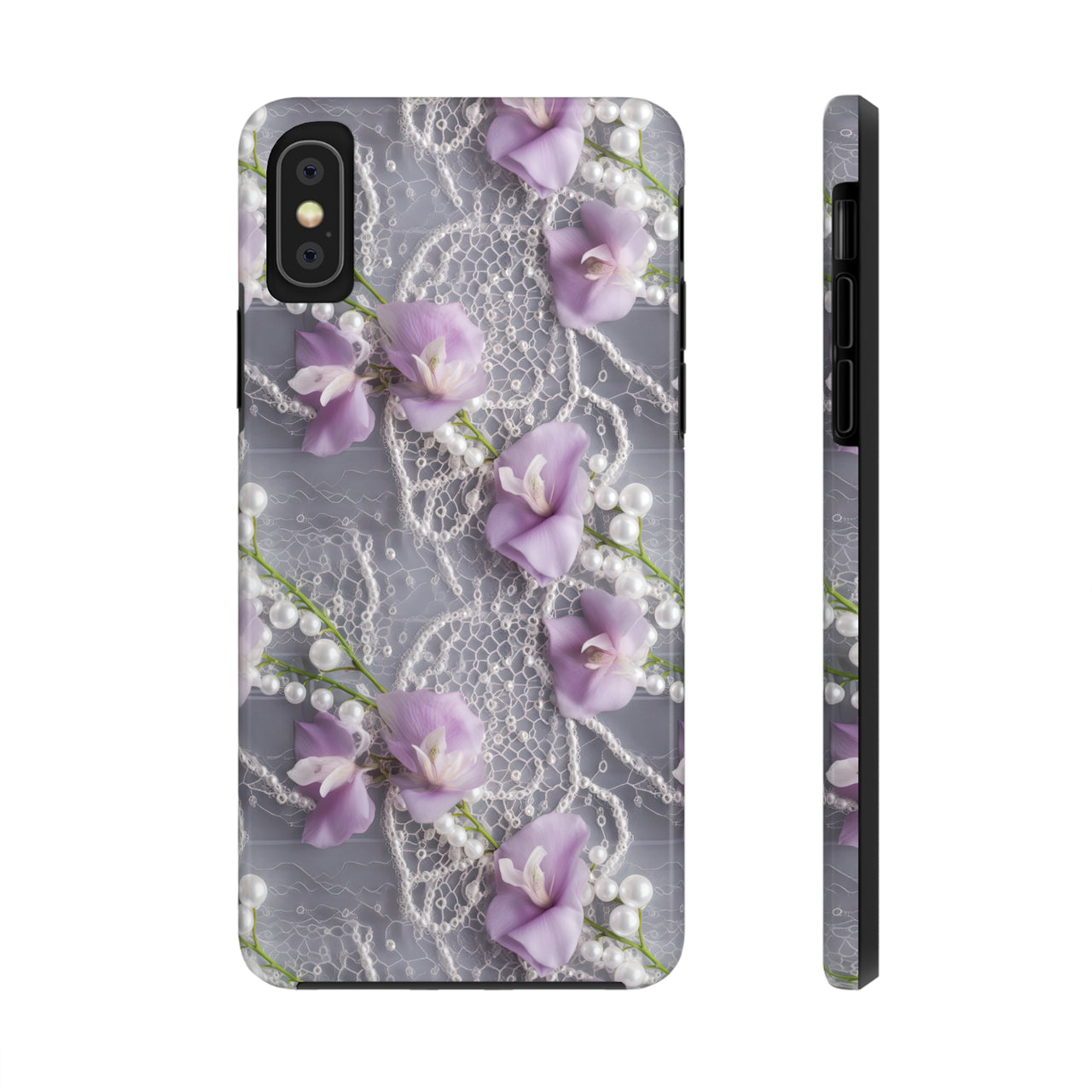 Purple Sweet Pea Tough Phone Cases for iPhone X, iPhone XR, iPhone XS, and iPhone XS MAX. Supports Wireless Charging.