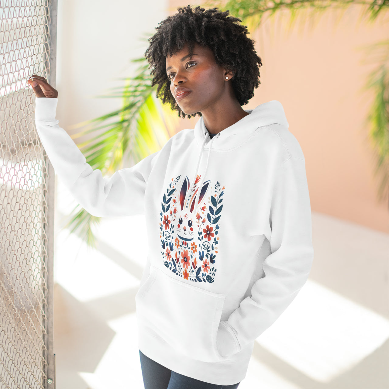 Folk Art Rabbit Three-Panel Fleece Hoodie