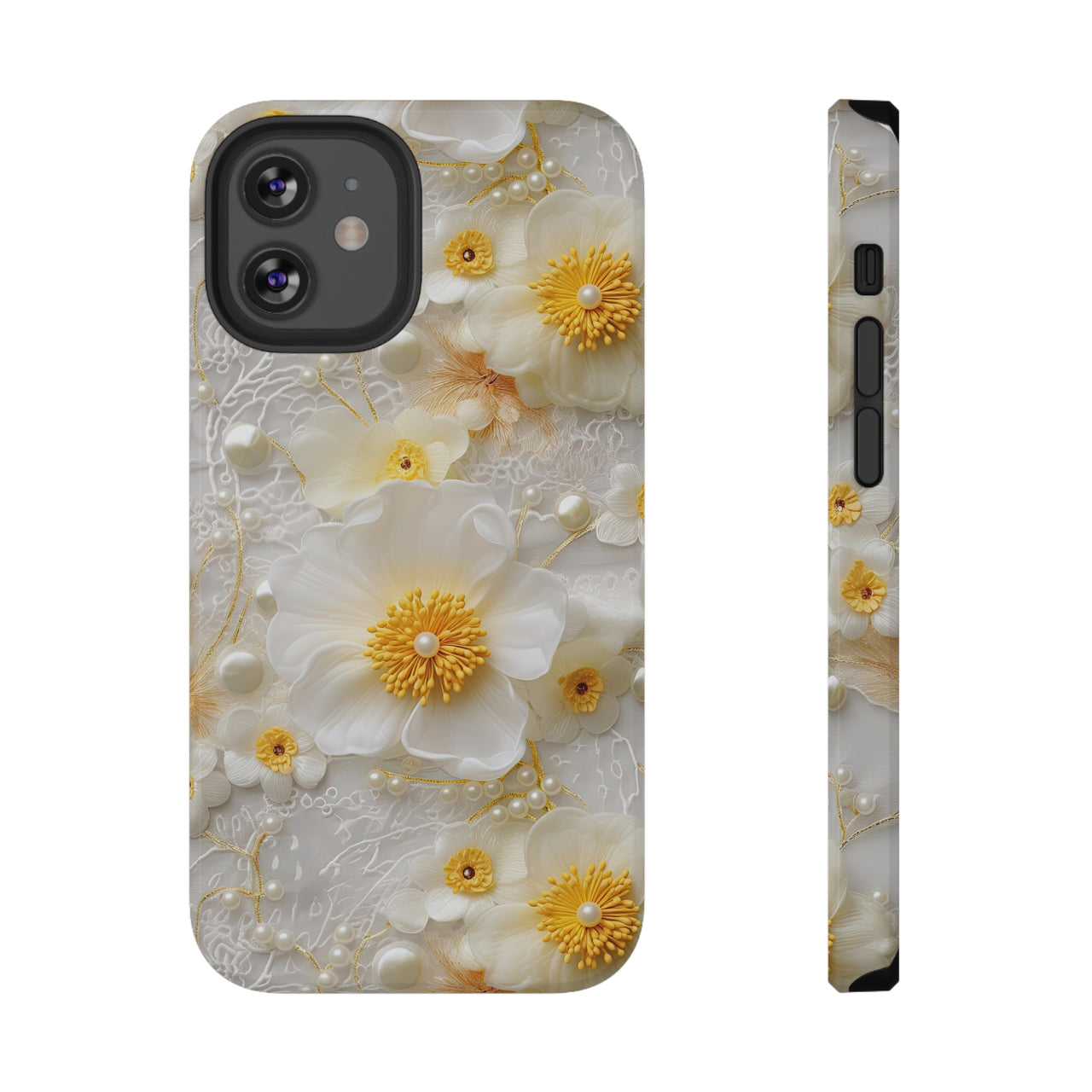 Yellow and White Floral Impact-Resistant Cases for iPhone 12, iPhone 12 Mini, iPhone 12 Pro, and iPhone 12 Pro Max. Supports Wireless Charging.