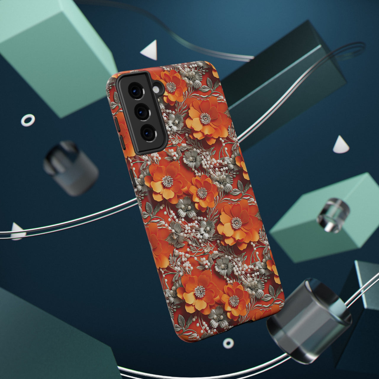 Orange Petals in Silver Tapestry Impact-Resistant Case for Samsung Galaxy S21, Samsung Galaxy S21 Plus, and Samsung Galaxy S21 Ultra. Supports Wireless Charging.