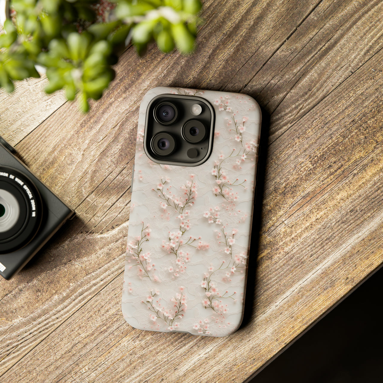 White Lace and Cherry Blossoms Tough Case for iPhone 15, iPhone 15 Pro, iPhone 15 Plus, and iPhone 15 Pro Max