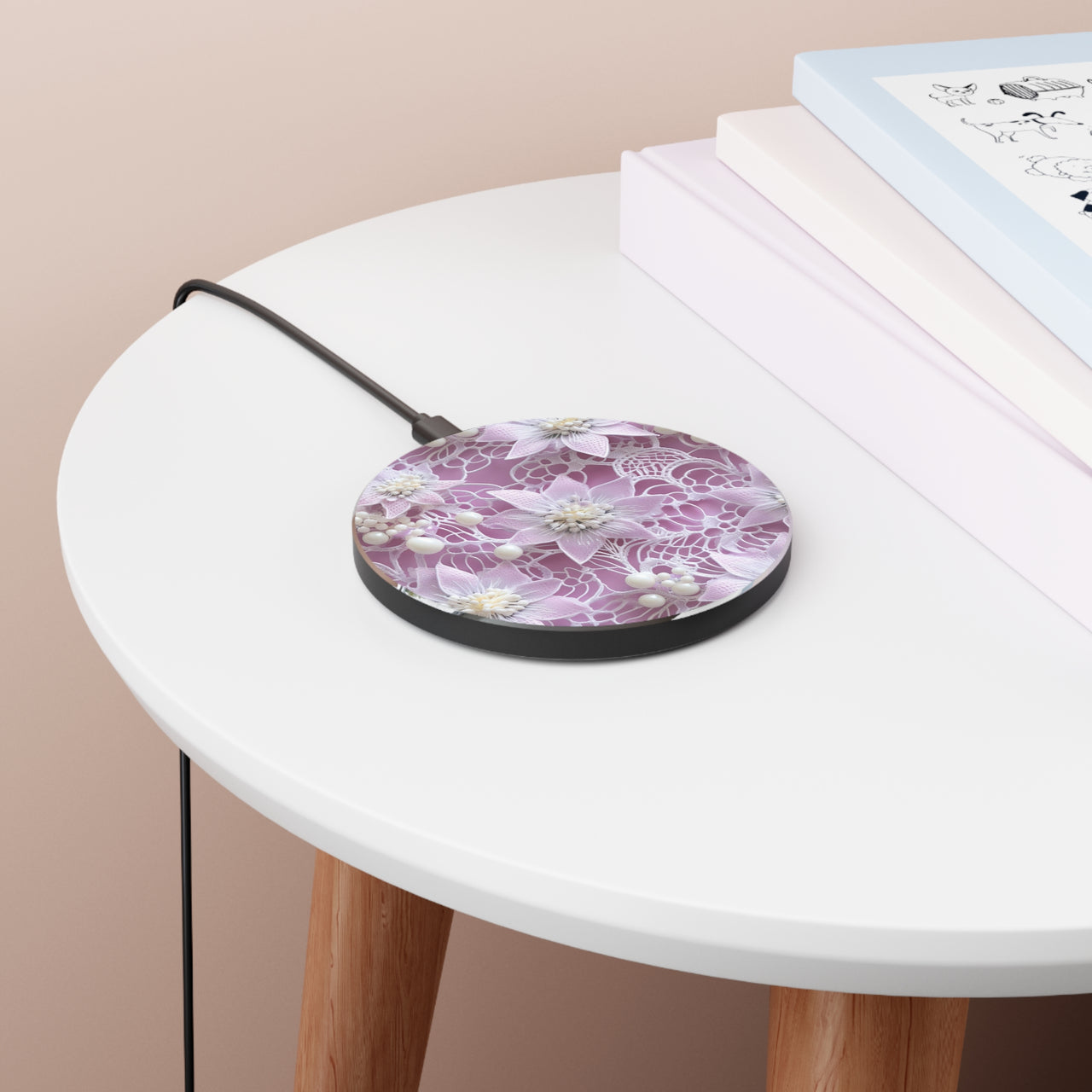 Pink and White Clematis Wireless Charger for Qi Enabled Phones