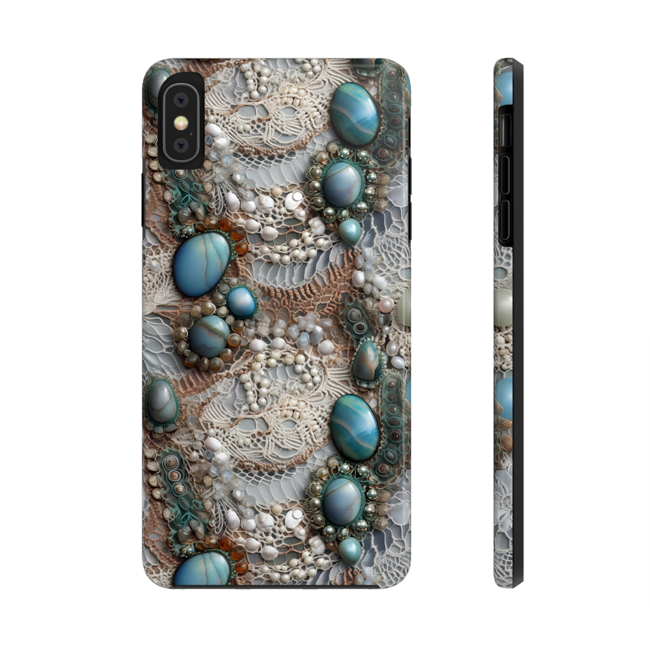 Boho Agate and Lace Tough Phone Cases for iPhone X, iPhone XR, iPhone XS, and iPhone XS MAX. Supports Wireless Charging.