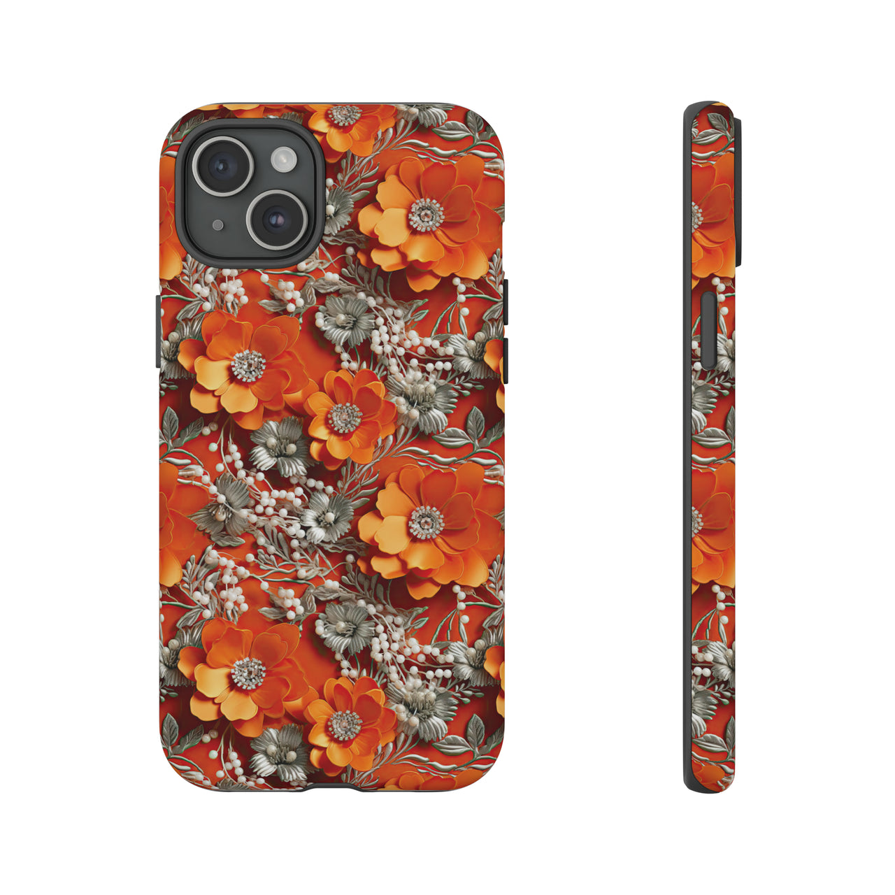 Orange Petals in Silver Tapestry Tough Case for iPhone 15, iPhone 15 Pro, iPhone 15 Plus, and iPhone 15 Pro Max