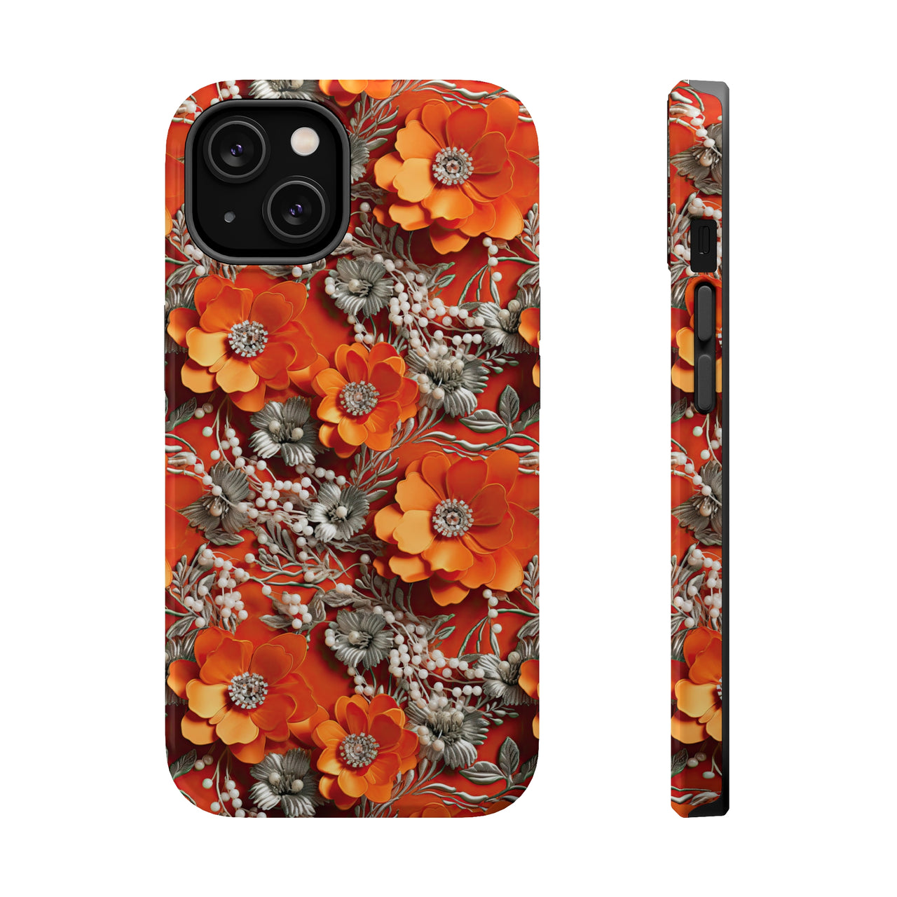 Orange Petals in Silver Tapestry MagSafe Tough Cases for iPhone 14, iPhone 14 Pro, iPhone 14 Plus, and iPhone 14 Pro Max