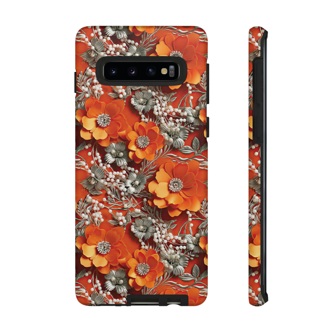 Orange Petals in Silver Tapestry Tough Case for Samsung Galaxy S10, Samsung Galaxy S10E, and Samsung Galaxy S10 Plus